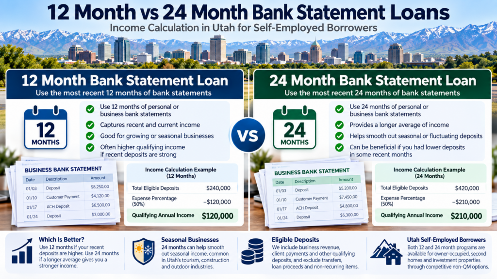12 month vs 24 month bank statement loan income calculation in Utah