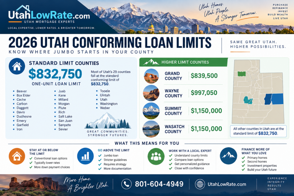 2026 conforming loan limits in Utah by county, including standard and high-cost county loan limits