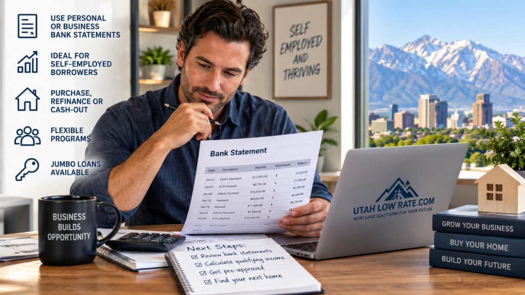 Self-employed Utah borrower reviewing business bank statements for mortgage qualifying income
