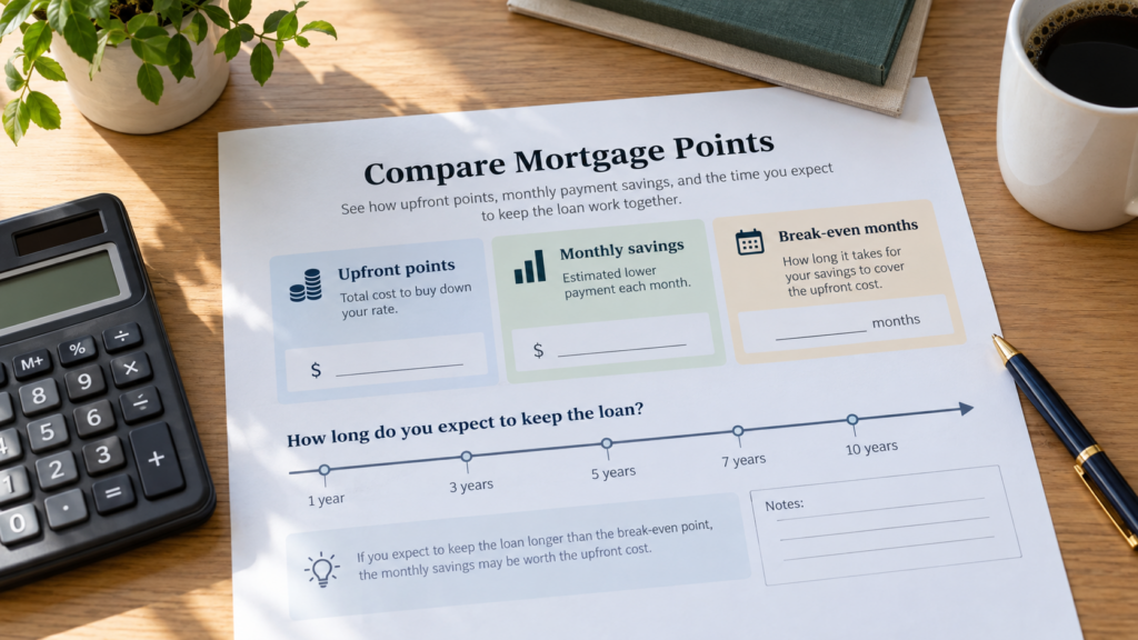 Calculator and illustrative worksheet comparing upfront points with monthly savings