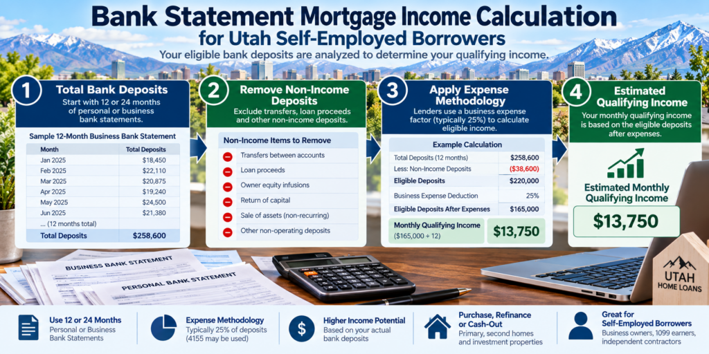 Bank statement mortgage income calculation for Utah self-employed borrowers