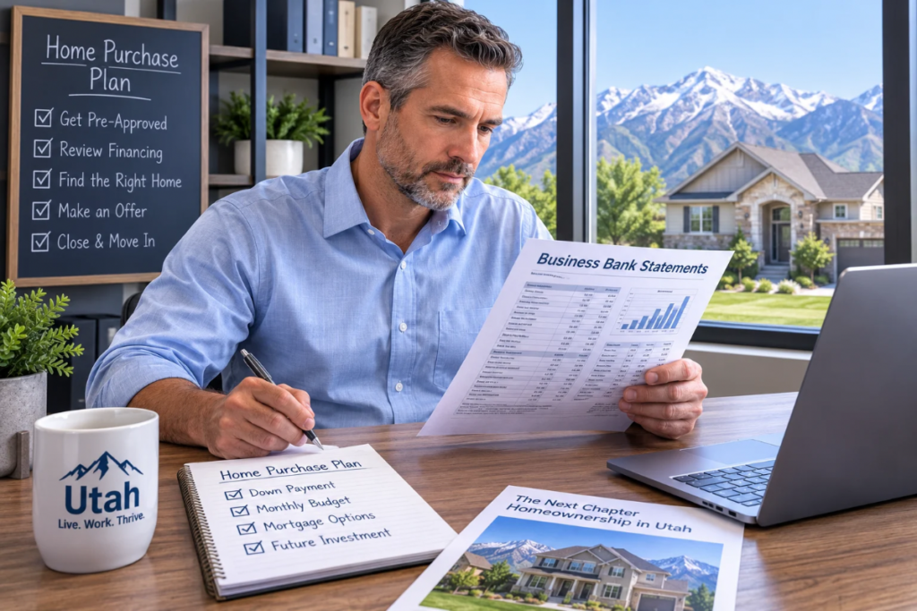 Self-employed Utah borrower reviewing bank statements for a mortgage rate quote