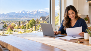 Self-employed borrower reviewing mortgage documents beside a laptop with Utah mountain views