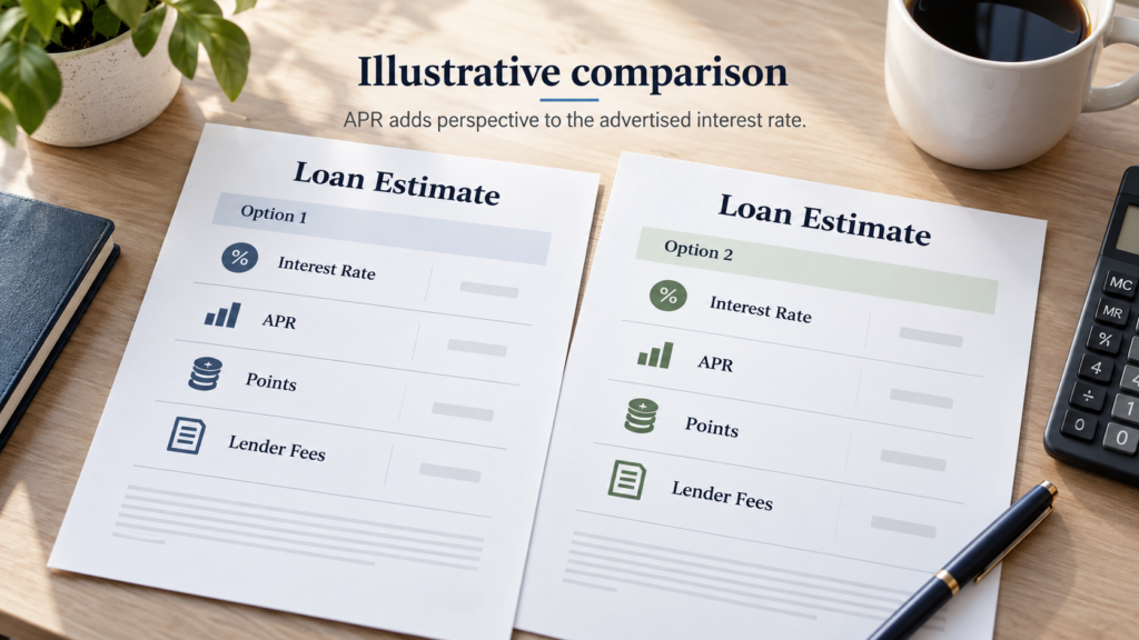 Illustrative Loan Estimate comparison identifying interest rate, APR, points and lender fees