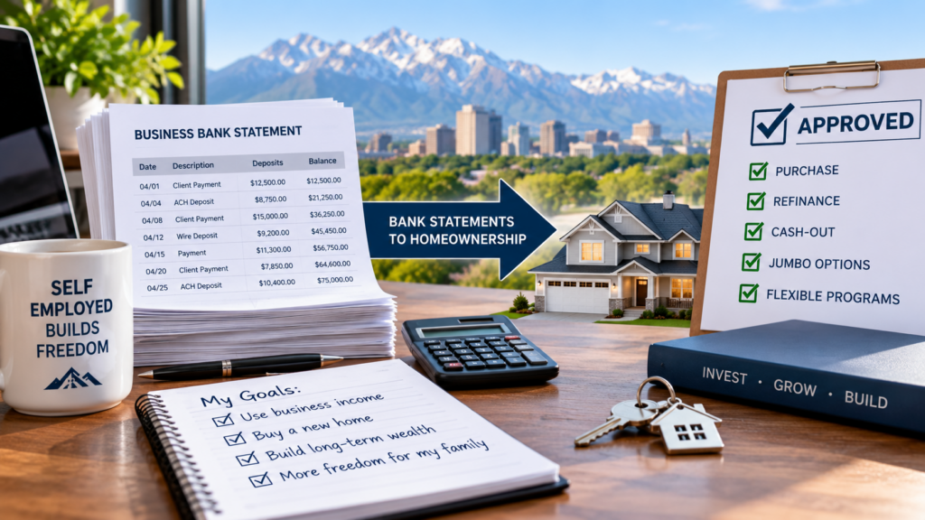 Business bank statements used to evaluate qualifying income for a self-employed Utah homebuyer
