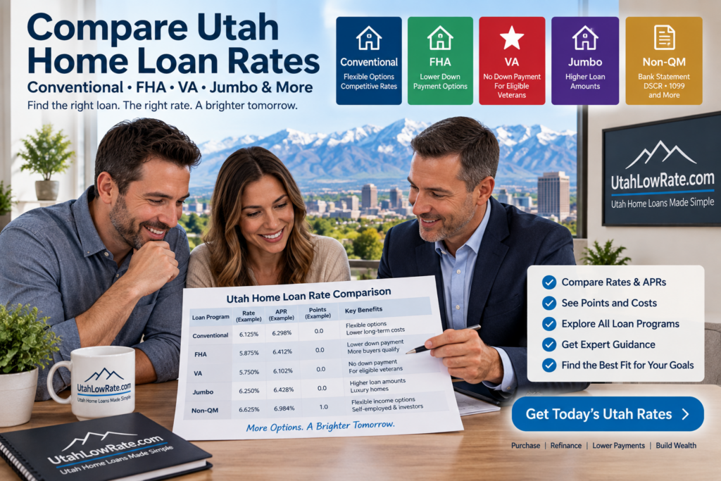 Compare conventional FHA VA and jumbo mortgage rates in Utah