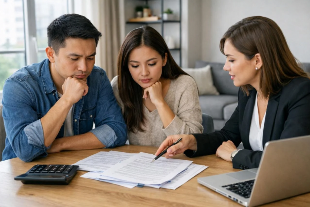 Utah couple comparing mortgage interest rates, APR and discount points with a loan professional