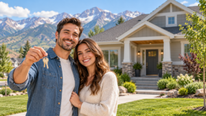 FHA home loan guide for Utah homebuyers — couple holding keys outside a fictional home