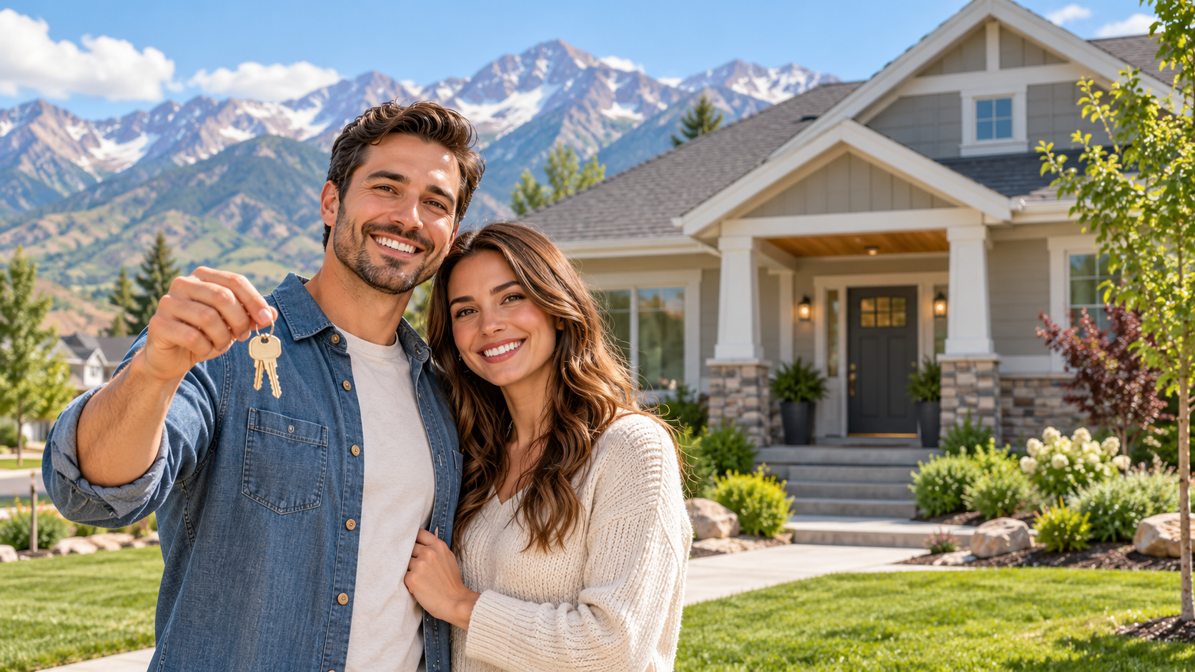 FHA home loan guide for Utah homebuyers — couple holding keys outside a fictional home