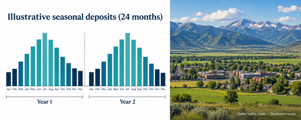 Clearly illustrative two-year seasonal deposit chart beside an accurately identified Heber Valley scene