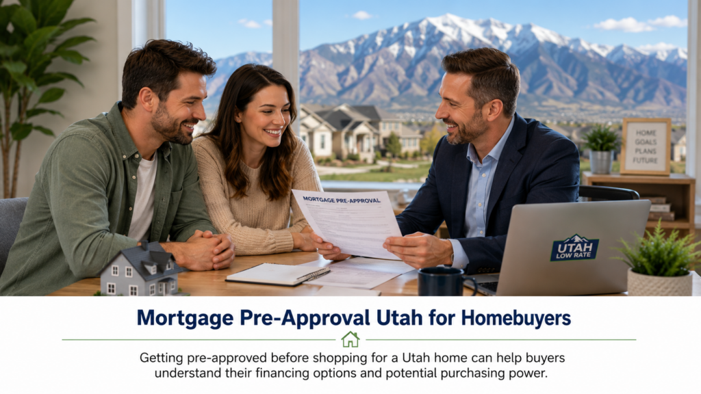 Homebuyers reviewing documents to get pre approved for a mortgage in Utah
