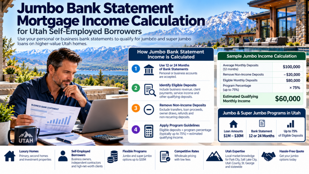 jumbo bank statement mortgage income calculator Utah luxury home buyers