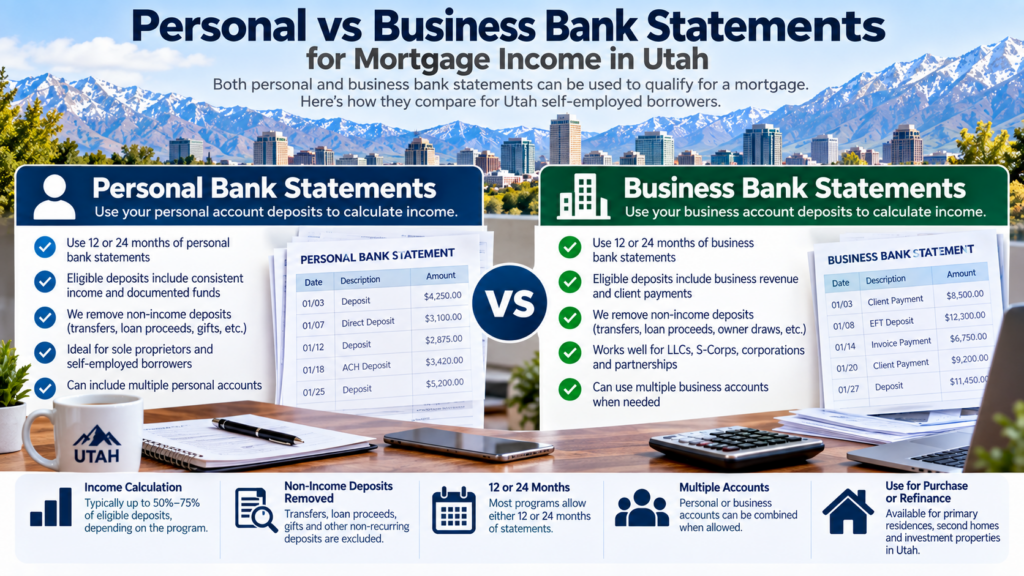 personal vs business bank statements mortgage income Utah