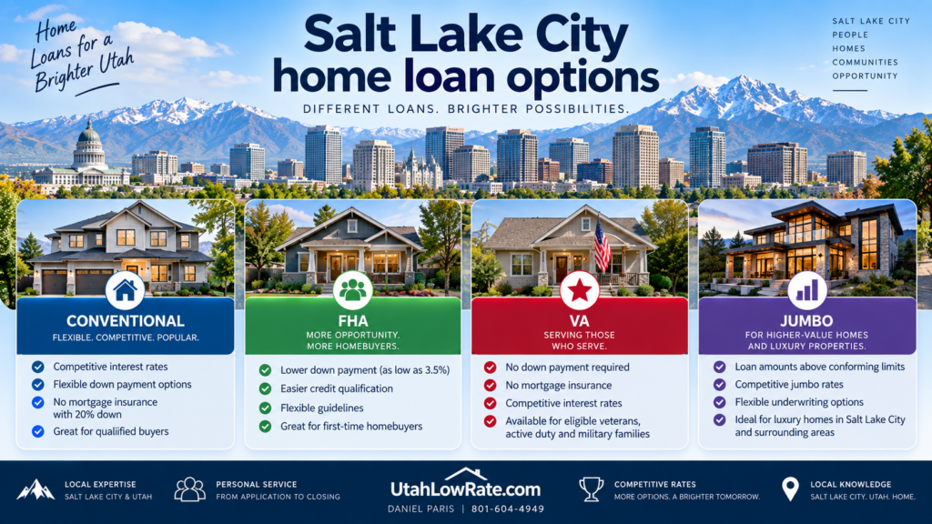 Salt Lake City home loan options including conventional FHA VA and jumbo
