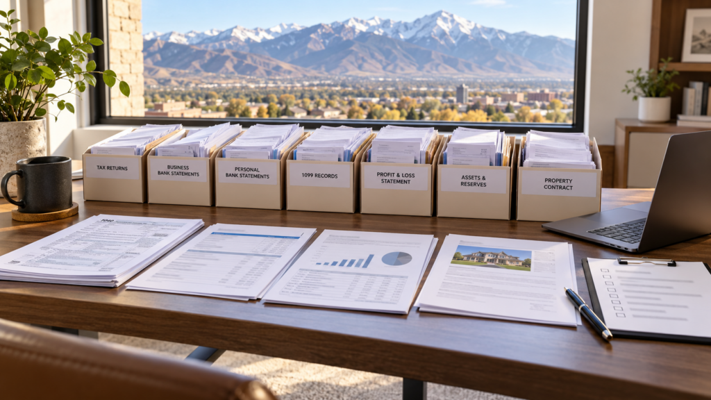 Organized documents for a self-employed jumbo mortgage application in Utah
