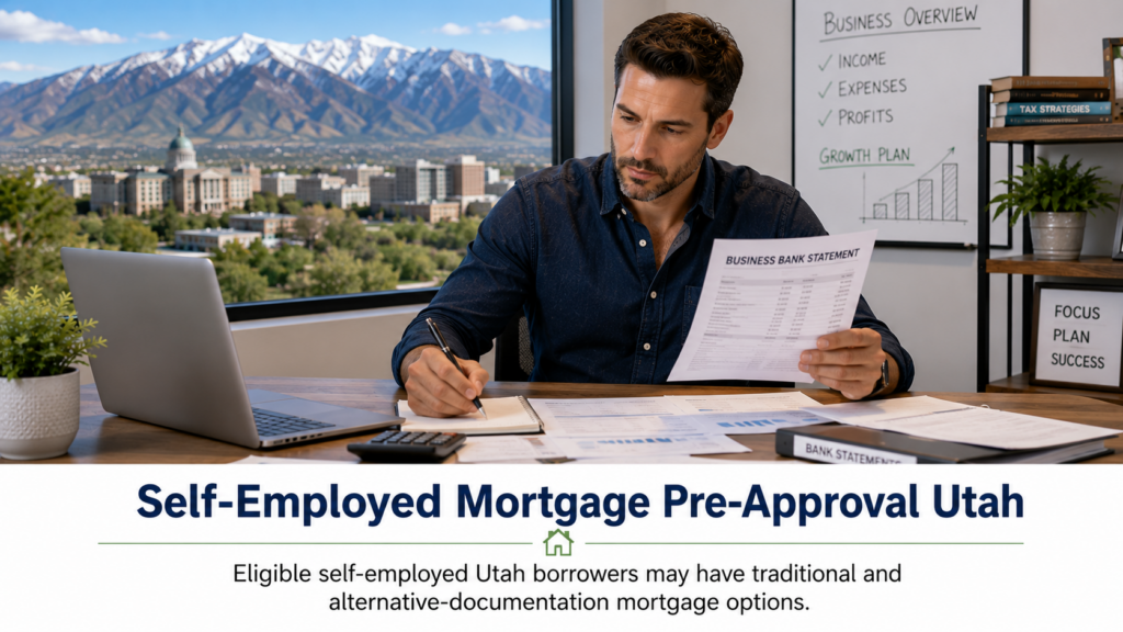 Self-employed Utah homebuyer reviewing bank statements for mortgage pre approval