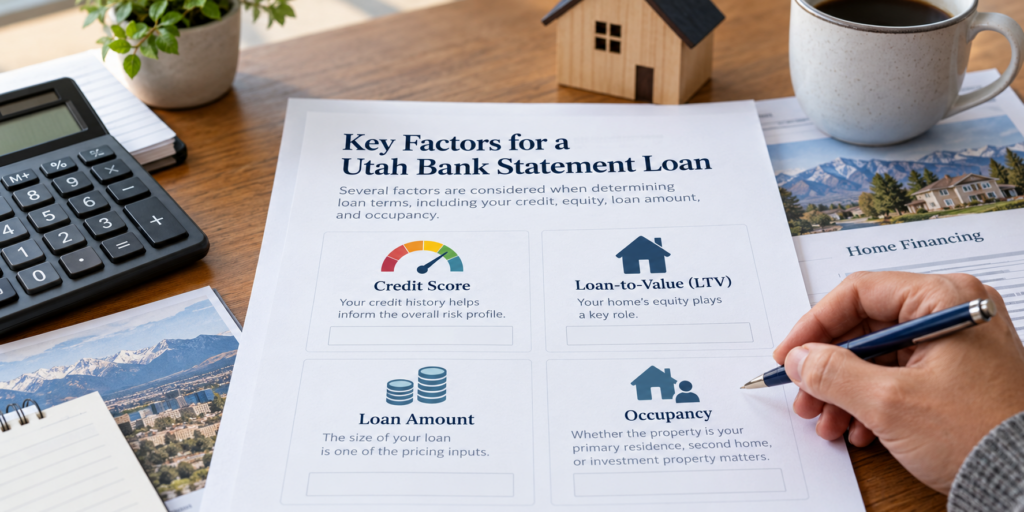 Illustrative worksheet showing credit, LTV, loan amount and occupancy factors for a Utah bank statement loan