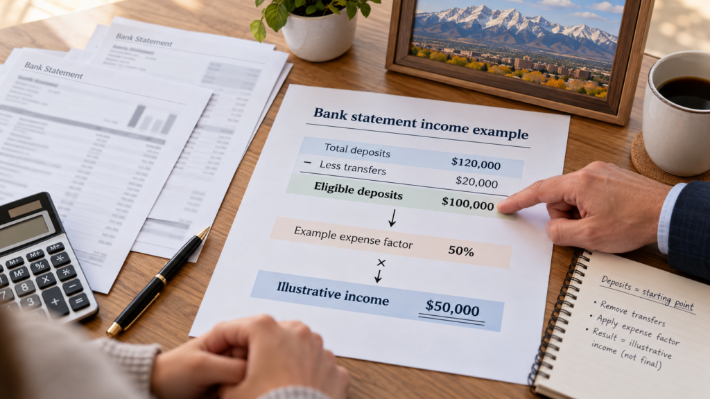 Illustrative worksheet separates eligible business deposits from transfers and applies an example expense factor