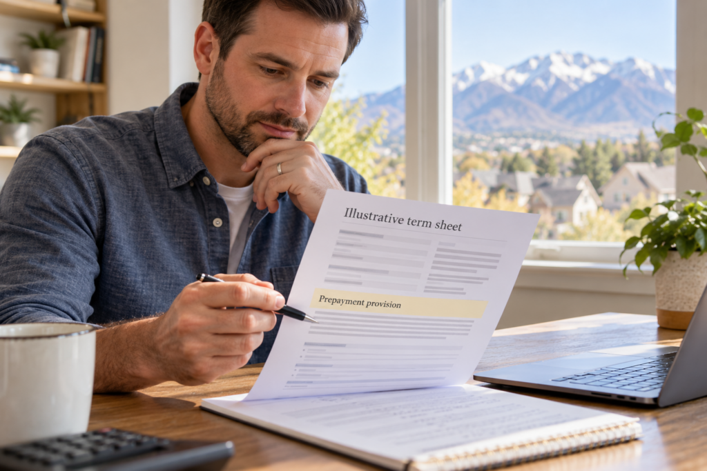 Borrower reviews an illustrative loan term sheet with prepayment provision highlighted