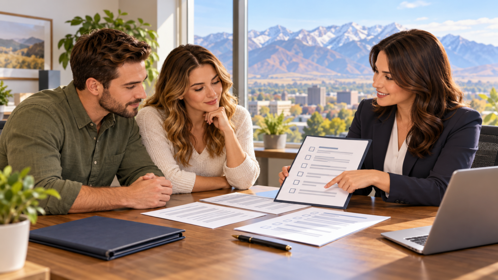Advisor reviewing an FHA home loan document checklist with Utah homebuyers