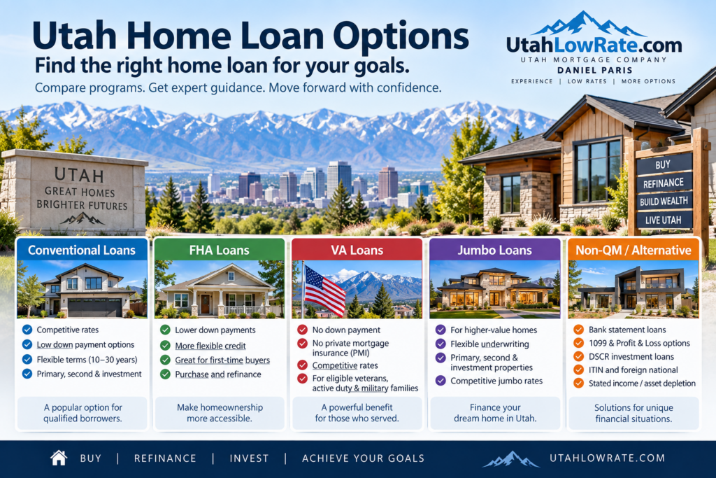 Utah home loan options including conventional FHA VA and jumbo mortgages