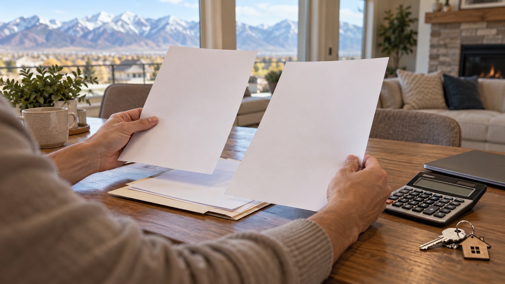 Hands, mortgage paperwork and a calculator illustrate how to compare Utah mortgage Loan Estimates.