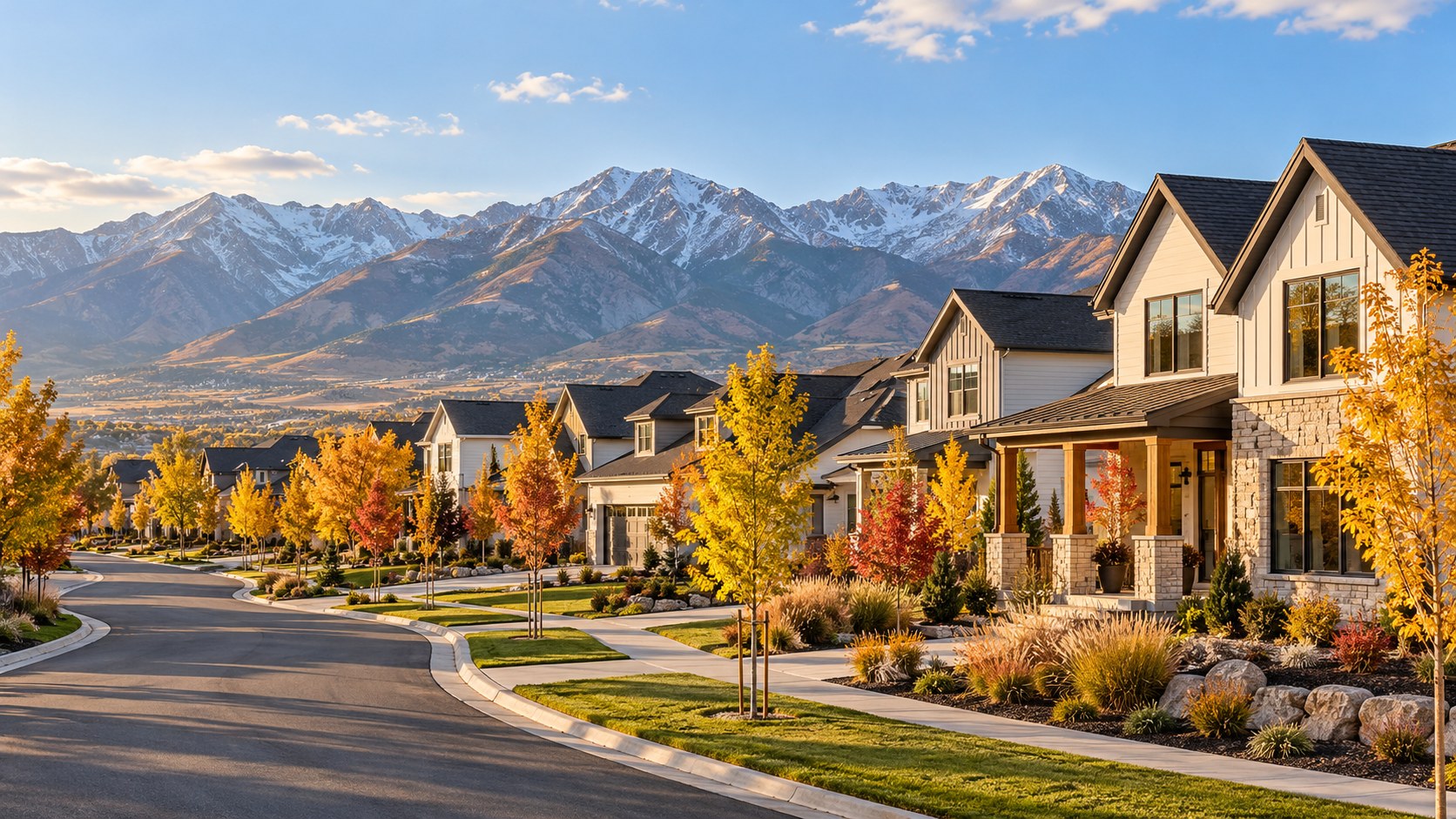 Finished homes and mountains illustrate completed new construction homes in Lehi Utah.
