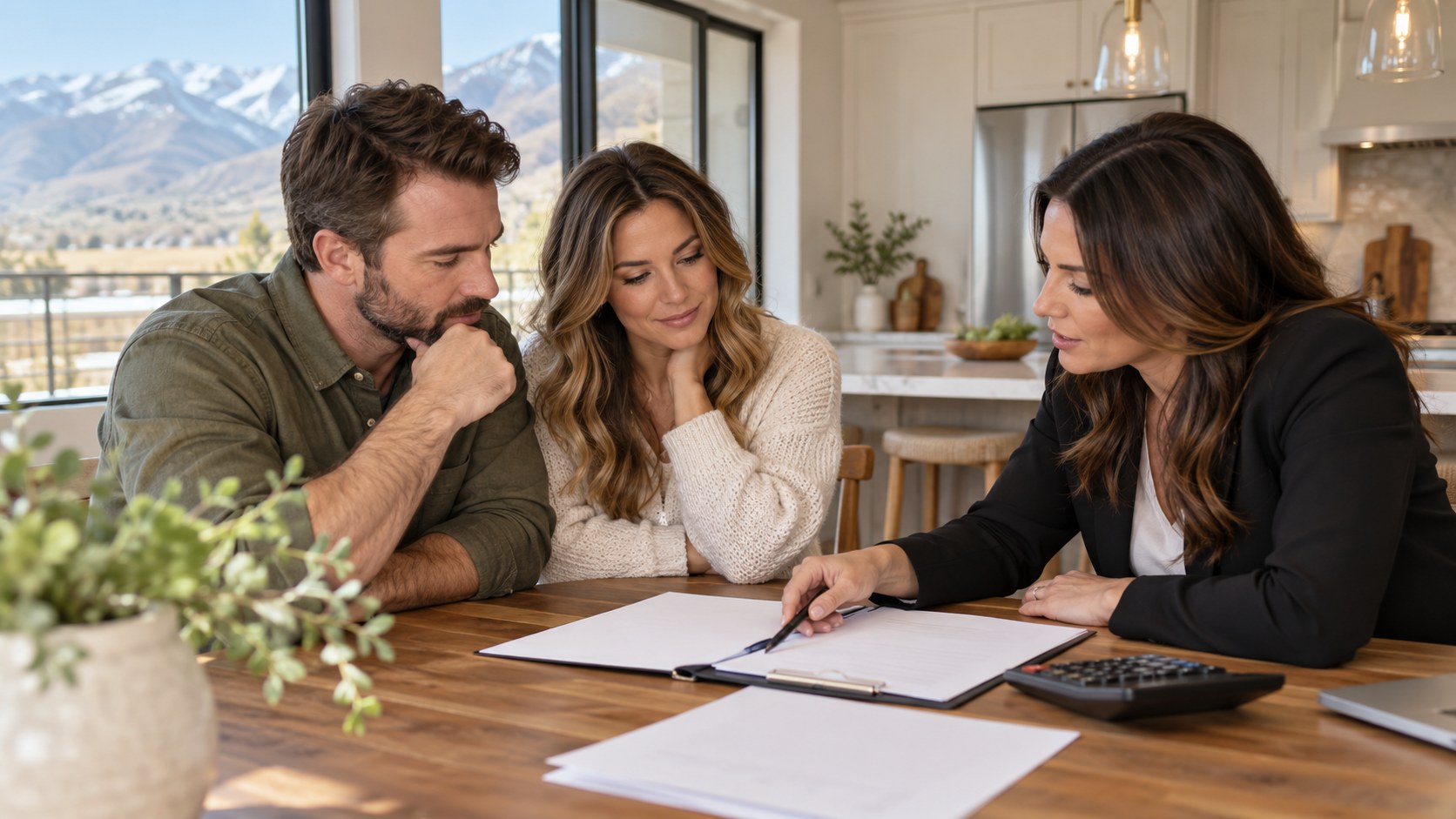 Buyers and a professional review an offer, illustrating negotiating seller credits for a Utah home purchase.