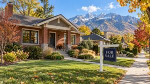 AI-generated illustration of a Salt Lake City-style home with a for-sale sign and Wasatch Mountains